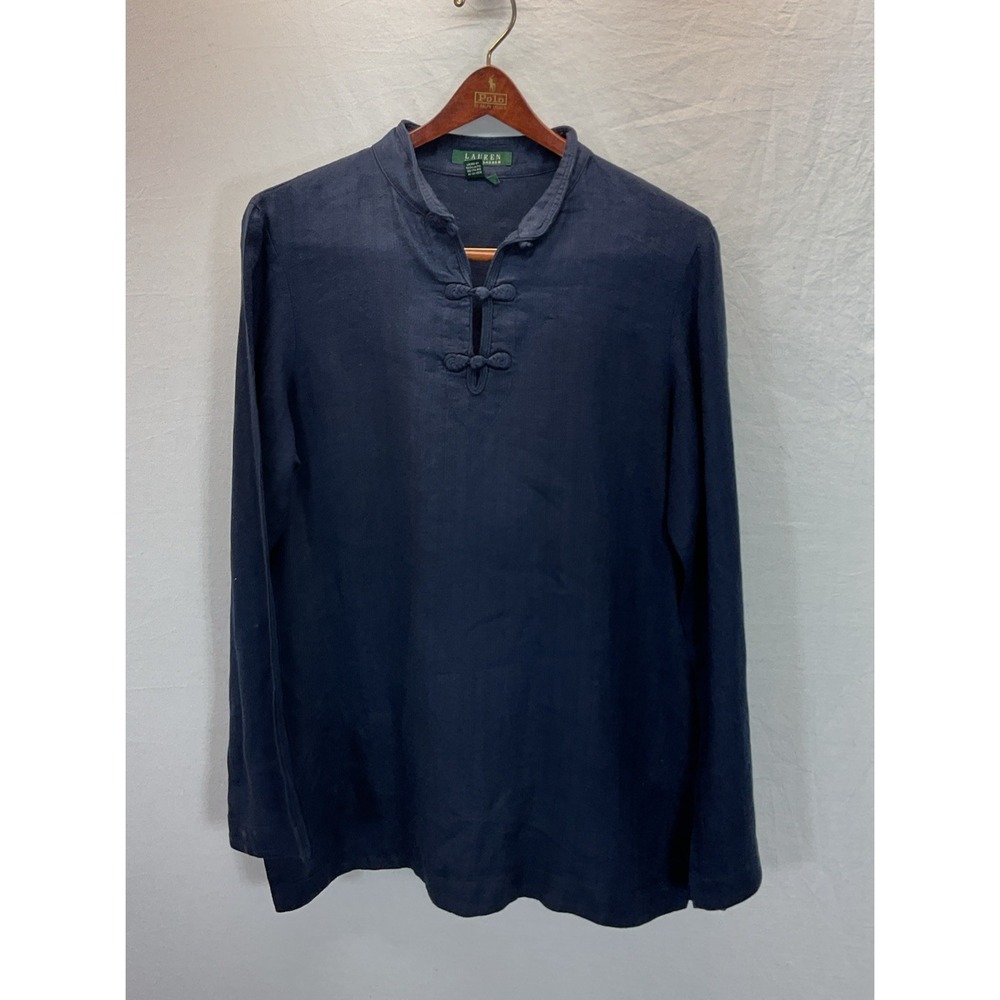 Vtg Lauren Ralph Lauren Women Linen Tunic Shirt Navy Blue Frog Closure Travel